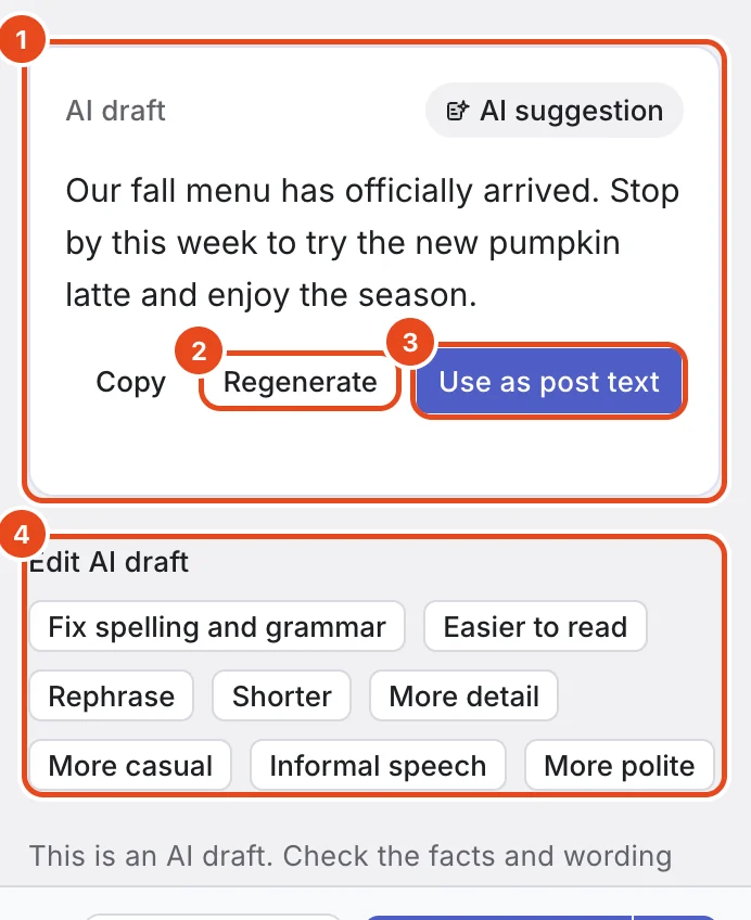 An AI draft. The AI draft card (1), Regenerate (2), Use as post text (3) and the Edit AI draft buttons (4) are highlighted.