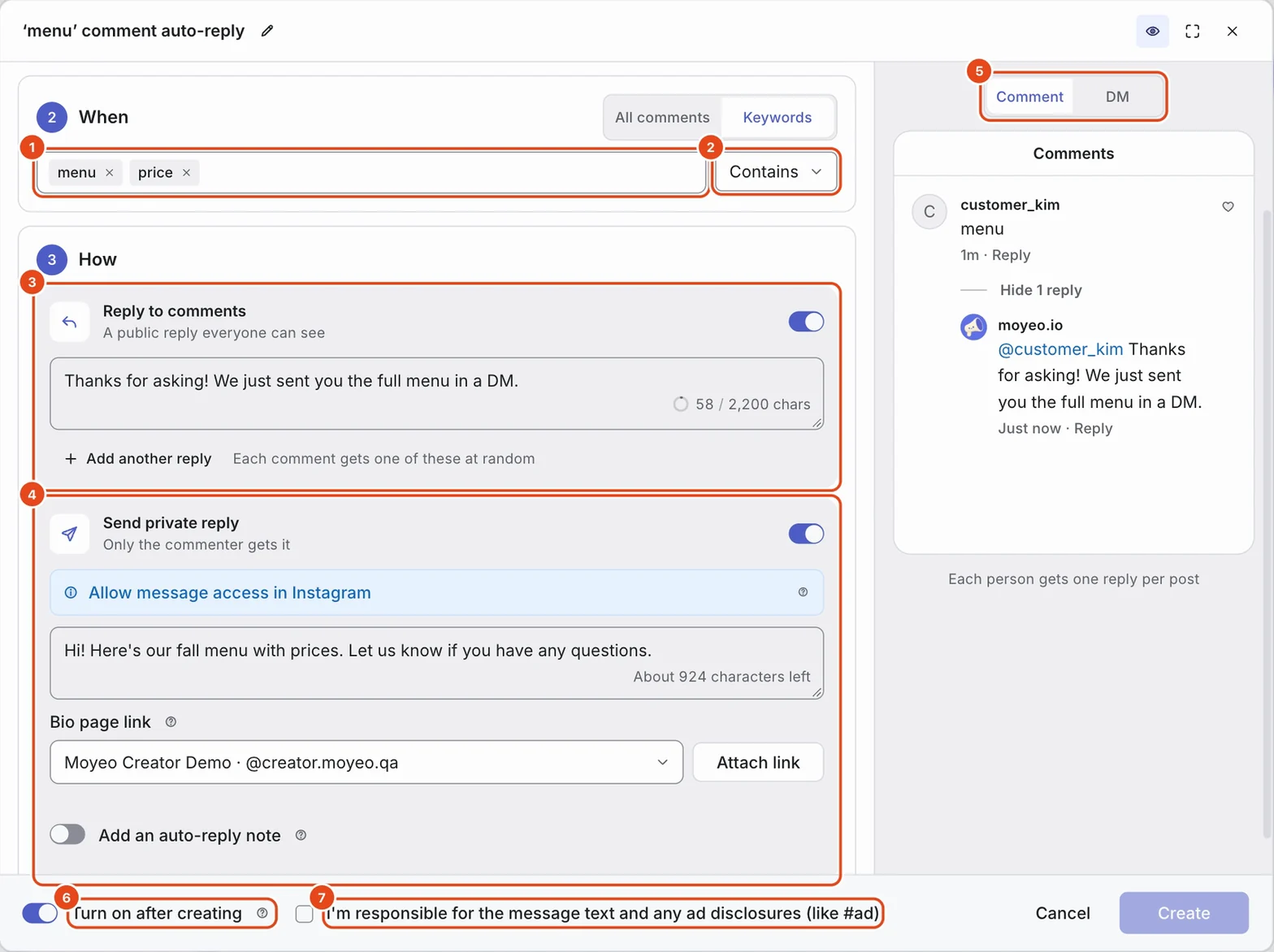 The comment auto-reply editor. Keywords (1), Match type (2), Reply to comments (3), Send private reply (4), the Comment and DM preview tabs (5), Turn on after creating (6) and the responsibility checkbox (7) are highlighted.