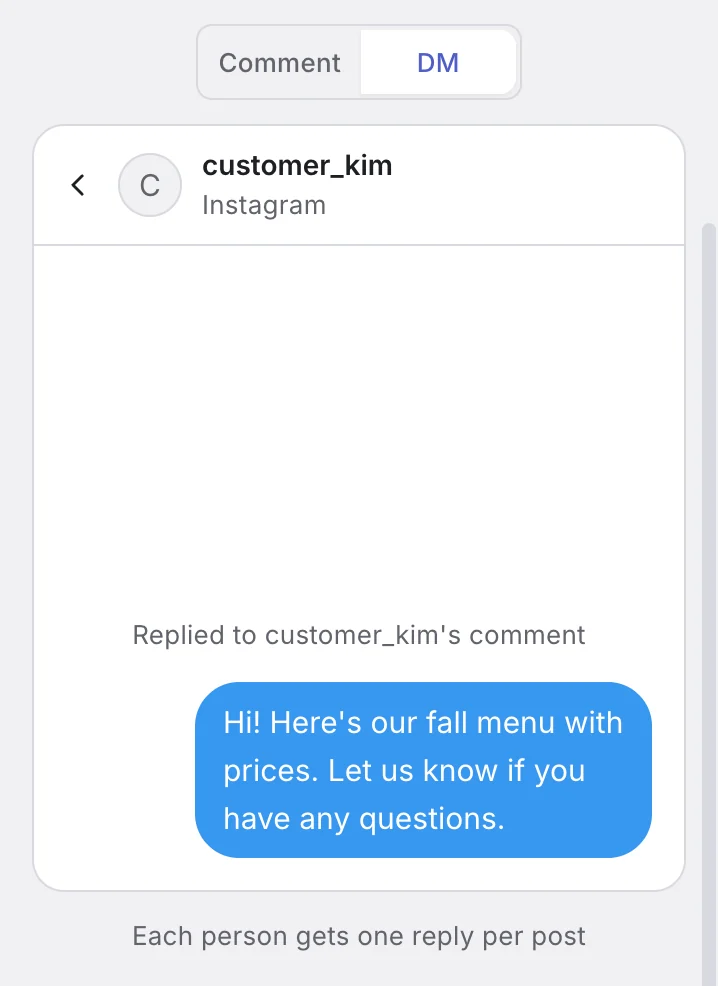The preview switched to DM. A DM bubble appears under a note that it's replying to the comment, and the bottom says each person gets one reply per post.