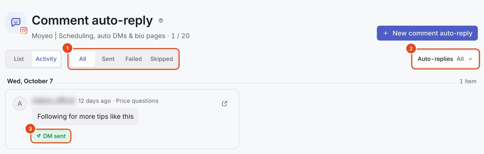 The comment auto-reply activity log. All, Sent, Failed and Skipped (1), the Auto-replies filter (2) and a DM sent result (3) are highlighted.