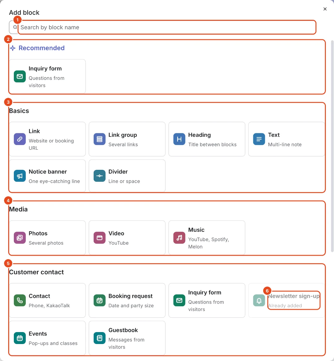 The Add block window. Search by block name (1), Suggested (2), Basics (3), Media (4), Customer contact (5) and the dimmed Newsletter sign-up block that's already added (6) are highlighted.