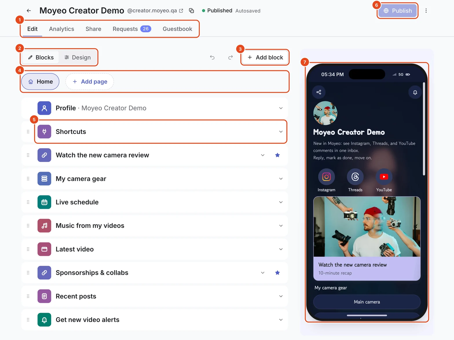 The bio page editor. The Edit, Analytics, Share, Requests and Guestbook tabs (1), Blocks and Design (2), Add block (3), Home and Add page (4), a block row (5), Publish (6) and the phone preview (7) are highlighted.