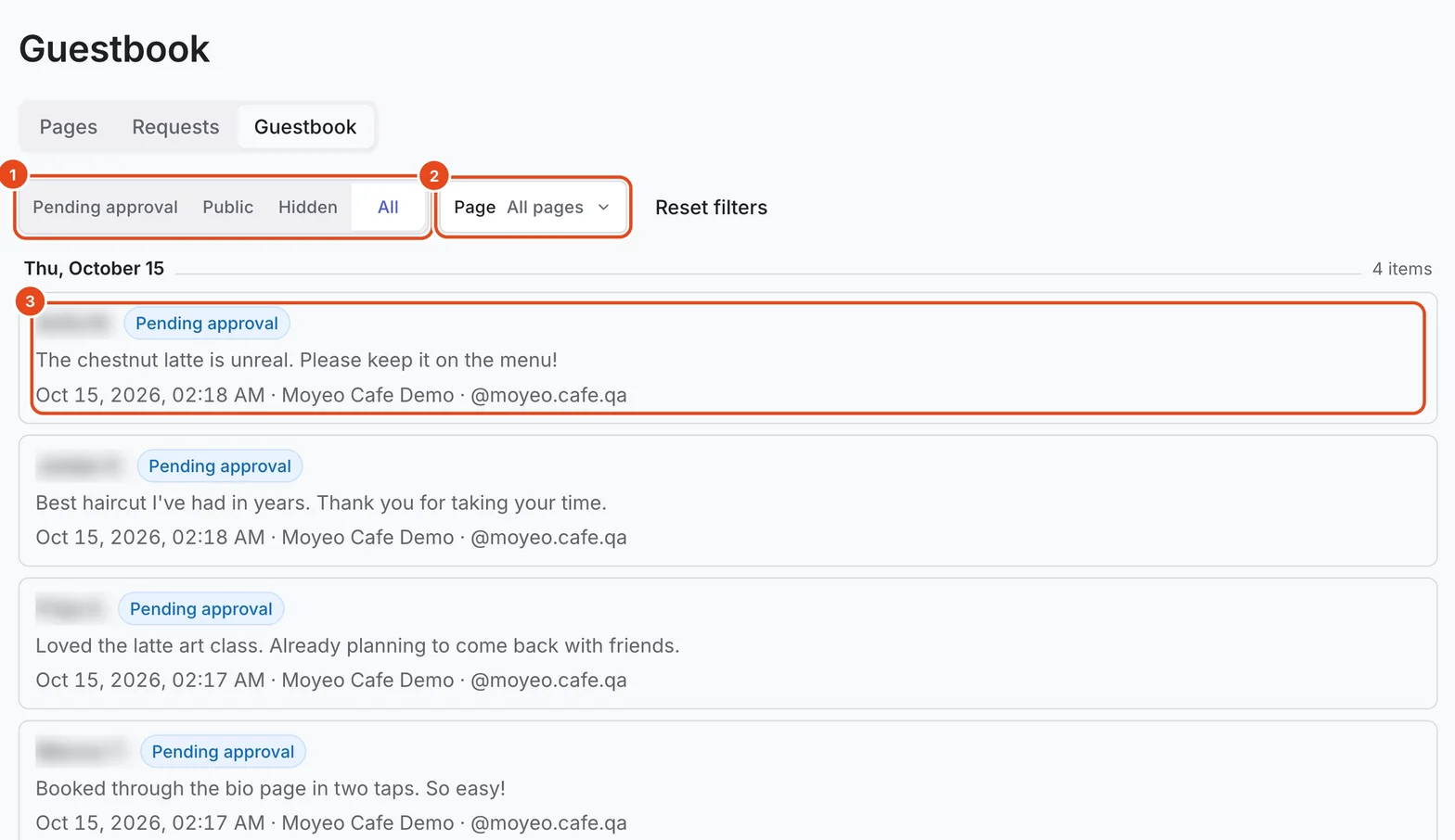 The Guestbook list with visitor names blurred. Pending approval, Public, Hidden and All (1), the Page filter (2) and a pending note (3) are highlighted.