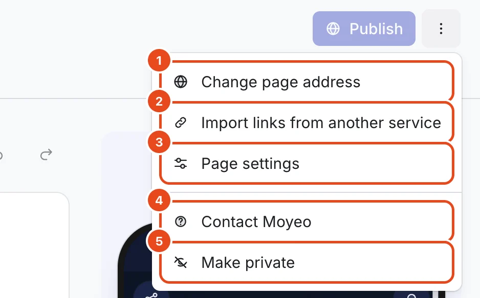 The more menu. Change page address (1), Import links from another service (2), Page settings (3), Contact Moyeo (4) and Make private (5) are highlighted.