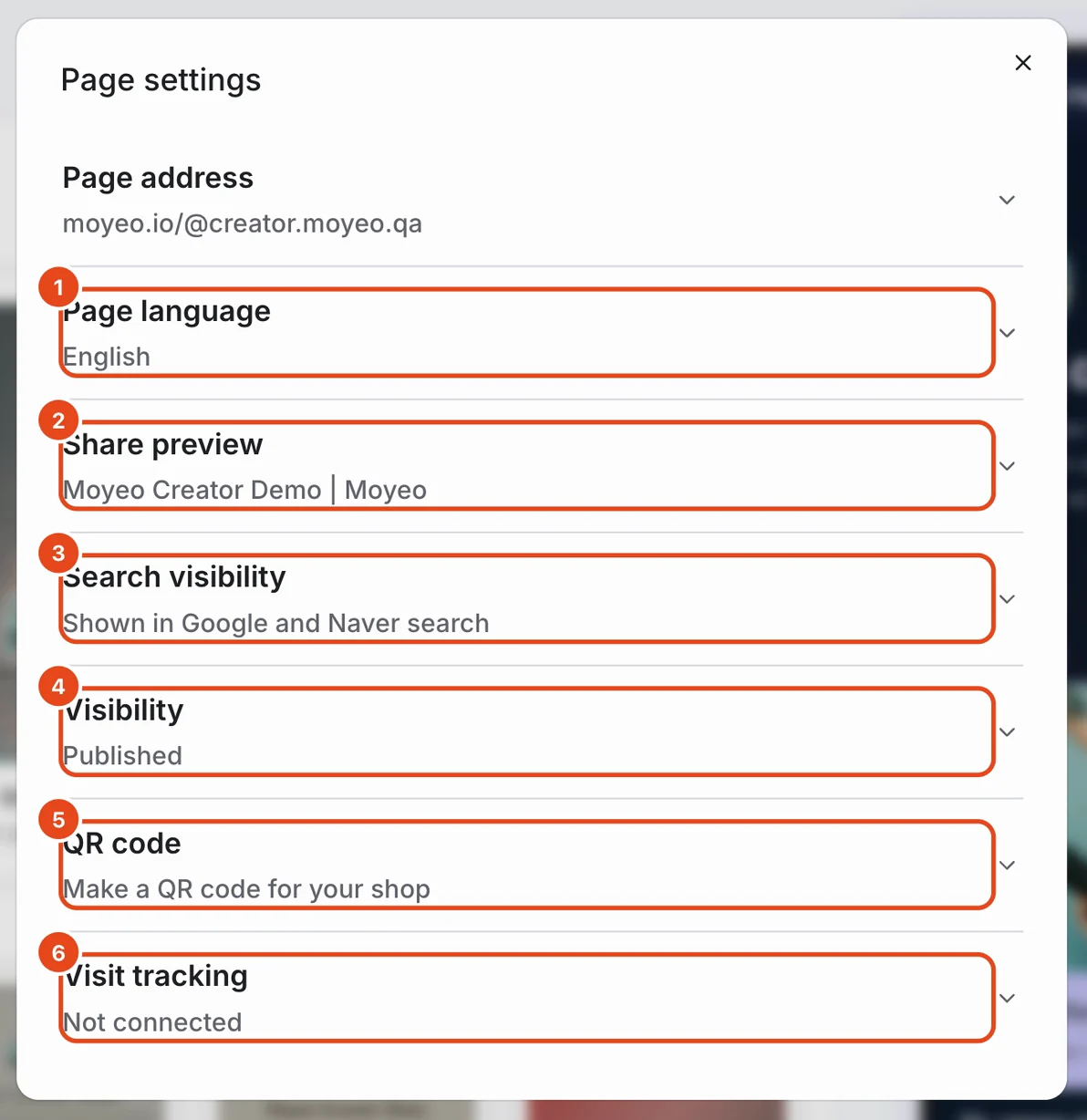 Page settings. Page language (1), Share preview (2), Search visibility (3), Visibility (4), QR code (5) and Visit tracking (6) are highlighted.