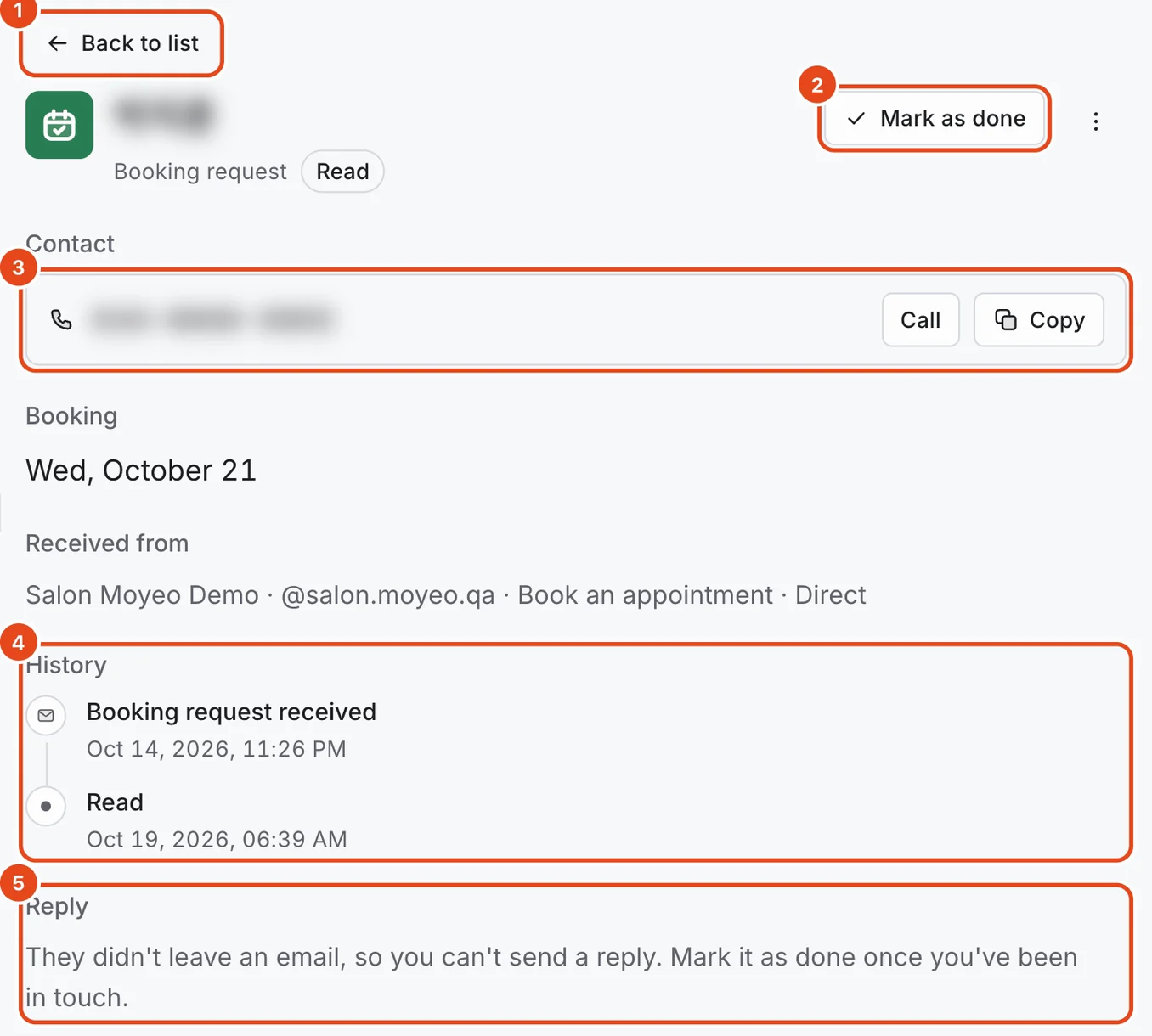 A booking request in detail, with the name and phone number blurred. Back to list (1), Mark as done (2), contact details with Call and Copy (3), History (4) and Reply (5) are highlighted.