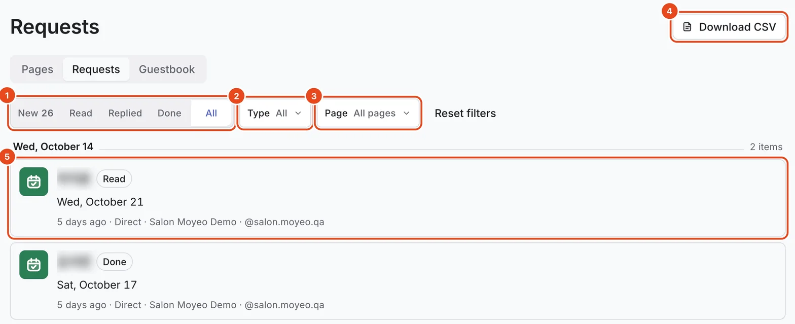The Requests list with names blurred. New, Read, Replied, Done and All (1), Type (2), Page (3), Download CSV (4) and a booking request card (5) are highlighted.