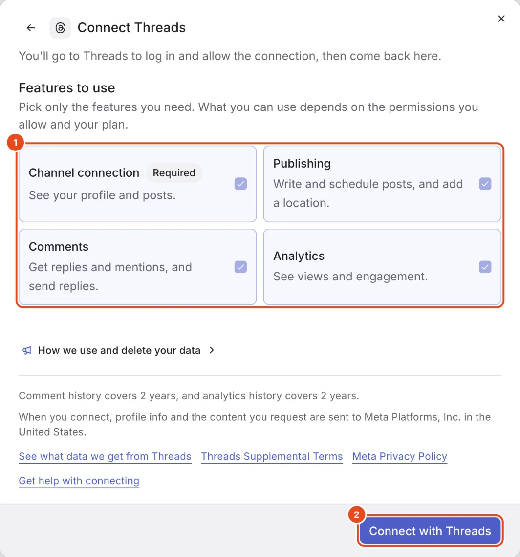 The Connect Threads window. Features to use (1) and the Connect with Threads button (2) are highlighted.