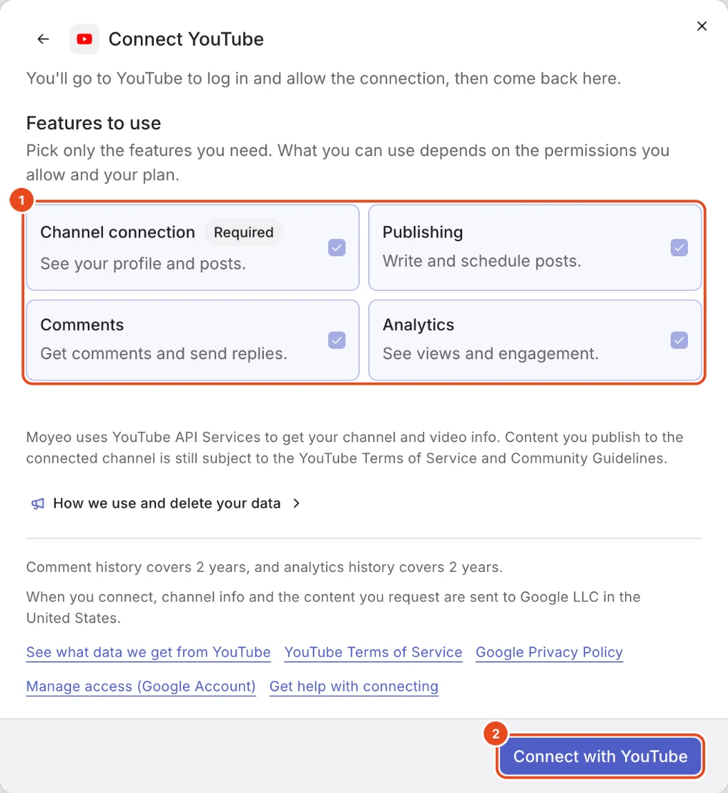 The Connect YouTube window. Features to use (1) and the Connect with YouTube button (2) are highlighted.