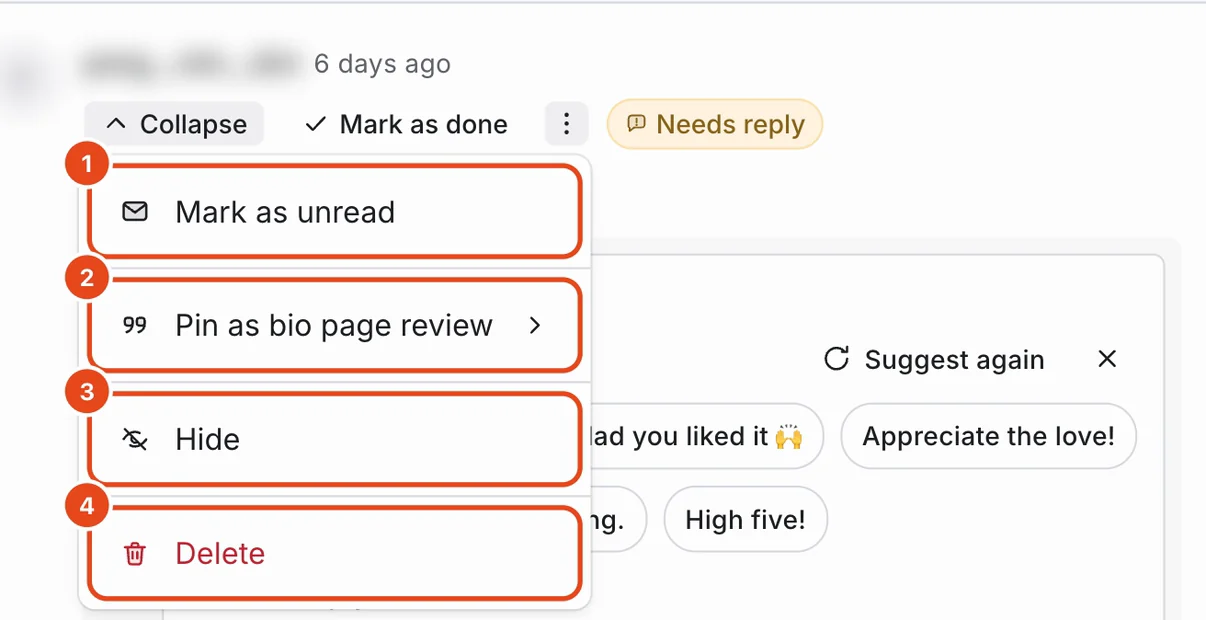 The comment menu. Mark as unread (1), Pin as bio page review (2), Hide (3) and Delete (4) are highlighted.