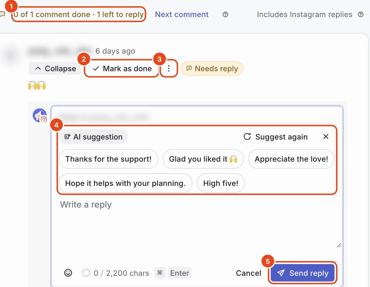 A post's comments with the reply box open. Done and remaining counts (1), Mark as done (2), the comment menu (3), AI reply suggestions with Suggest again (4) and Send reply (5) are highlighted.