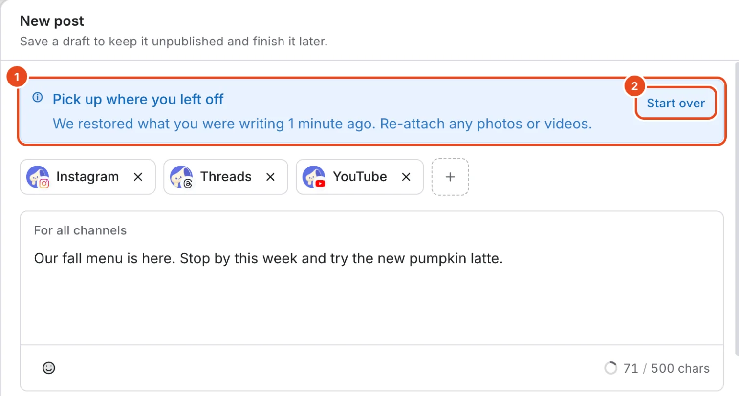 The Pick up where you left off notice (1) and the Start over button (2) at the top of the New post window.