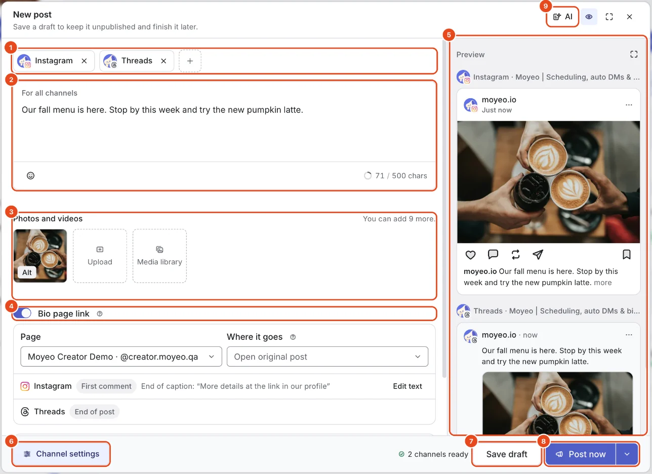 The New post window with a pumpkin latte post and one photo for Instagram and Threads. Channel chips (1), the shared text box (2), Photos and videos (3), Bio page link (4), Preview (5), Channel settings (6), Save draft (7), Post now with its timing menu (8) and the AI writing assistant (9) are highlighted.