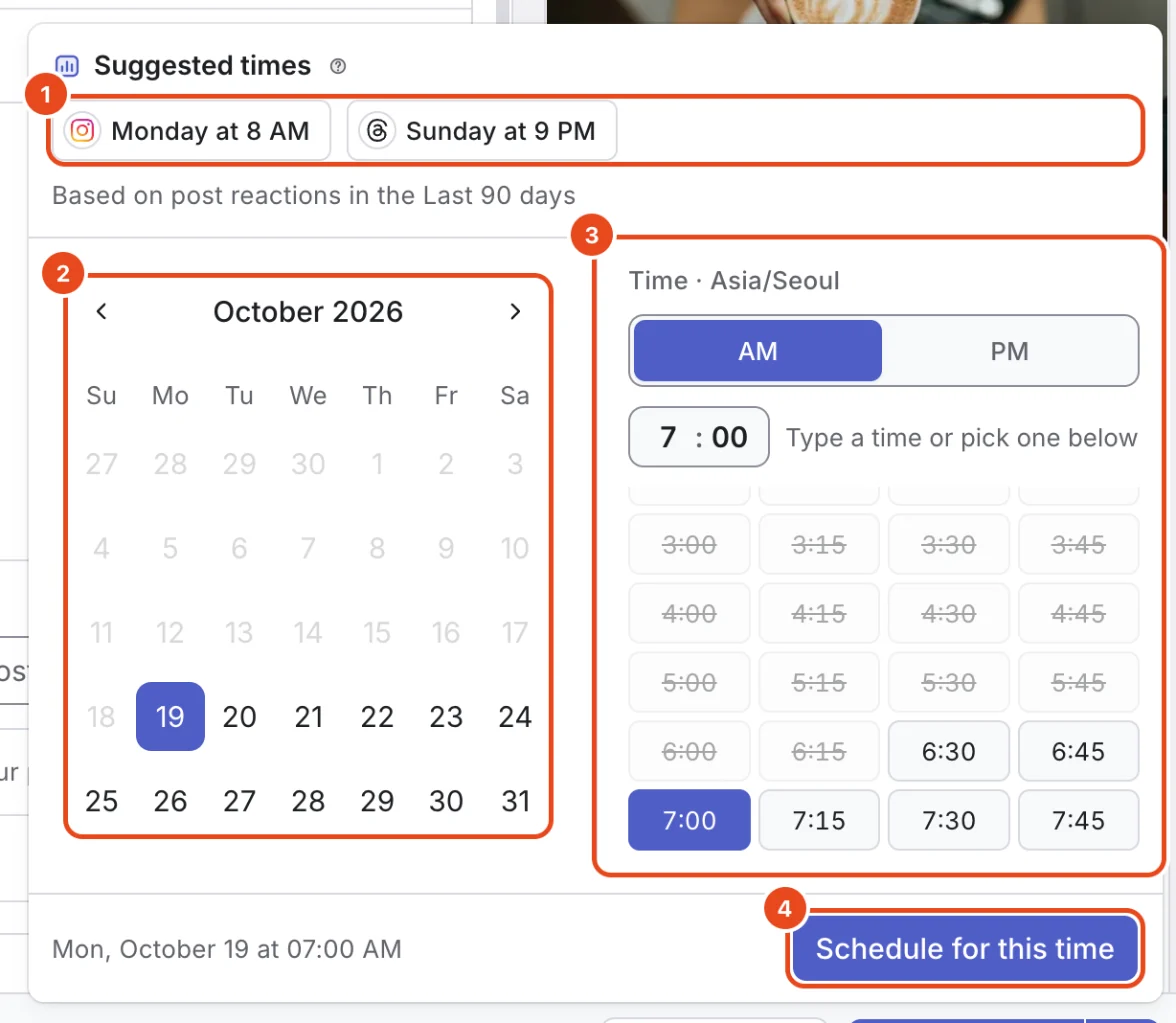 The Pick a time window. Suggested times per channel (1), the calendar (2), the time picker (3) and Schedule for this time (4) are highlighted.