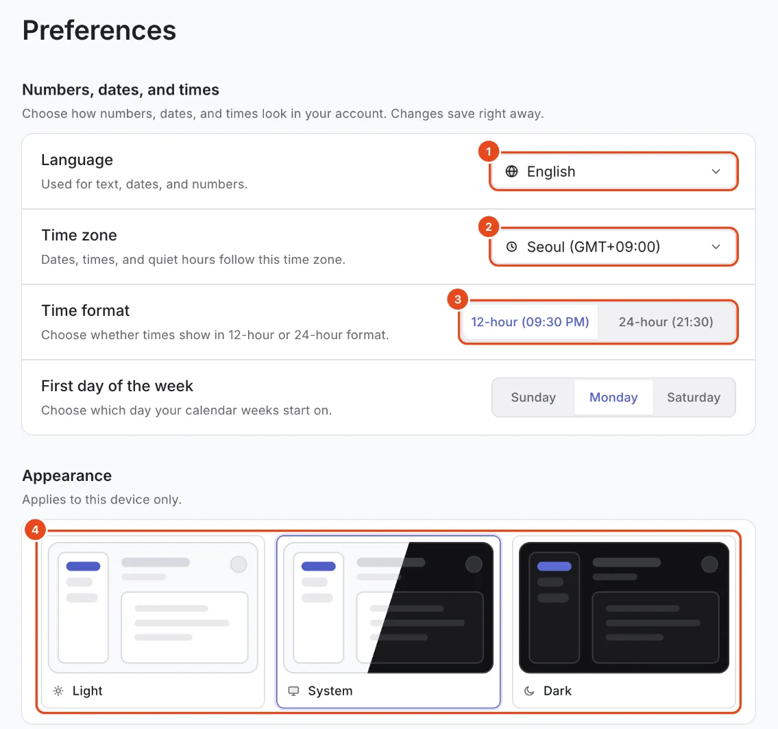 Preferences in settings. Language (1), Time zone (2), Time format (3) and Appearance (4) are highlighted.