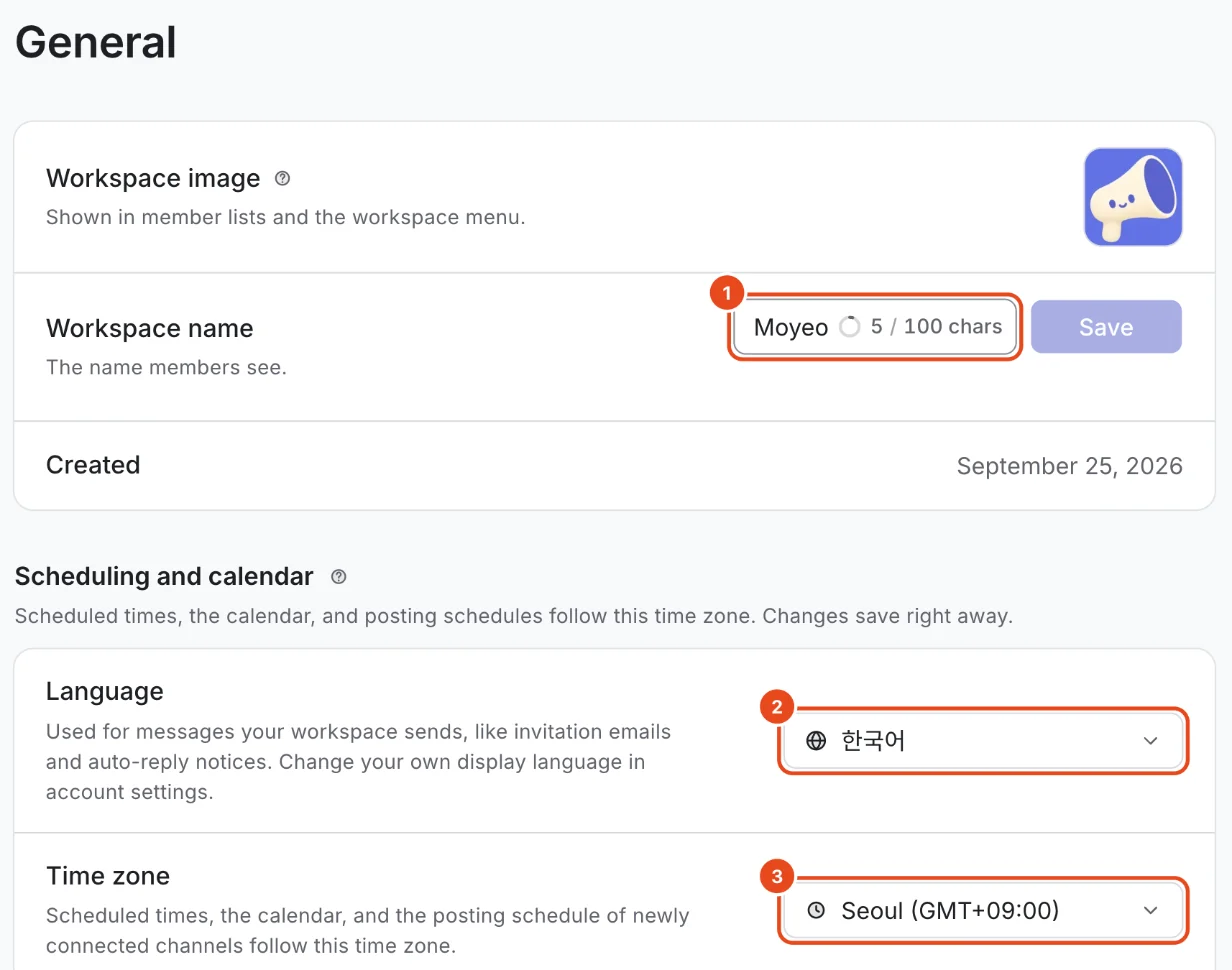 General settings. Workspace name set to Moyeo (1) and the Language (2) and Time zone (3) under Scheduling and calendar are highlighted.