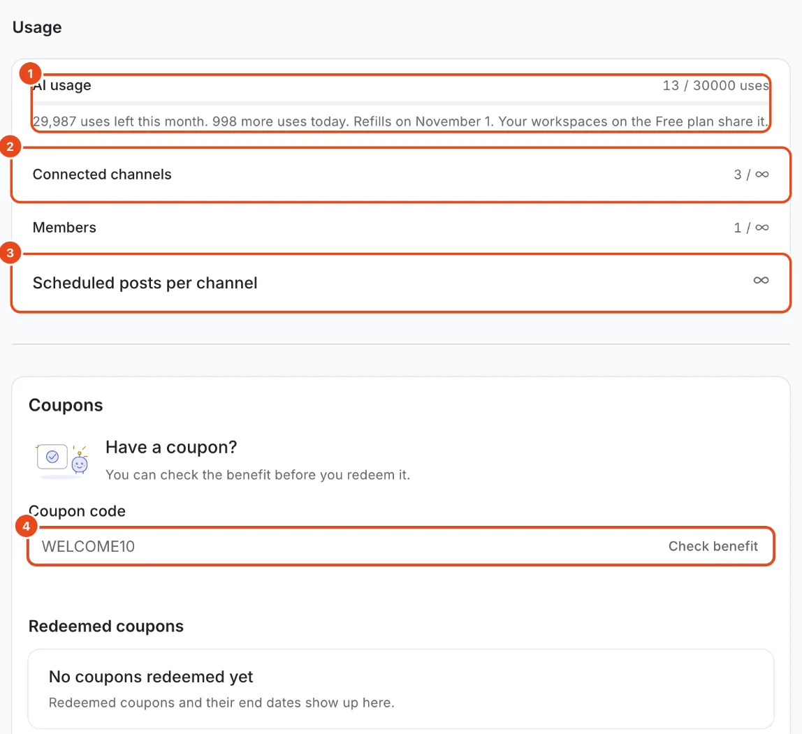 Usage and coupons. AI usage (1), Connected channels (2), Scheduled posts per channel (3) and Coupon code (4) are highlighted.