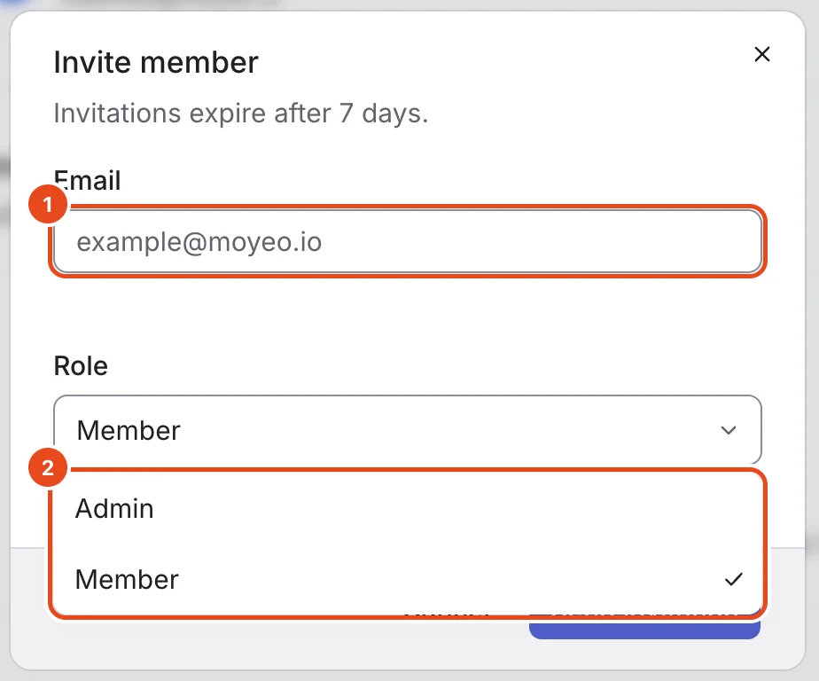 The Invite member window. The Email field (1) and the role list with Admin and Member (2) are highlighted.