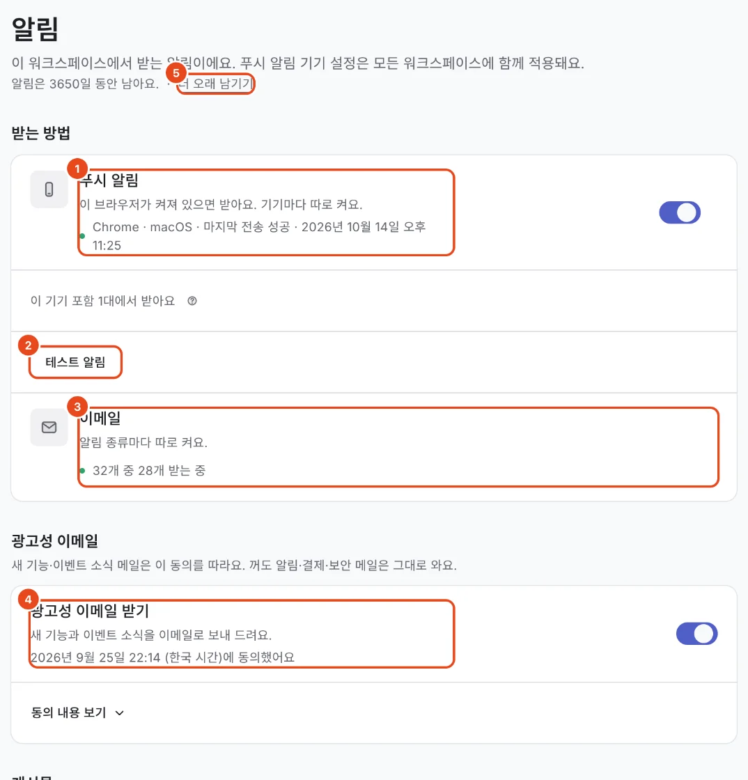 설정의 알림. 푸시 알림(1), 테스트 알림(2), 이메일(3), 광고성 이메일 받기(4), 더 오래 남기기(5)가 표시돼 있어요.