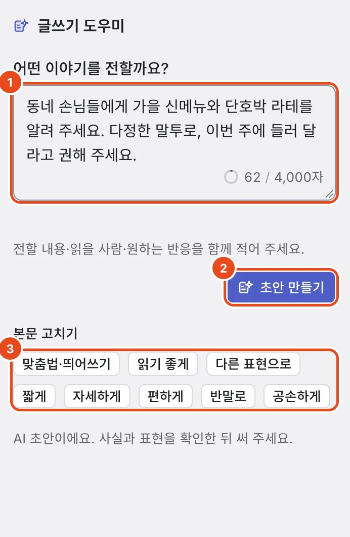 글쓰기 도우미. 어떤 이야기를 전할까요? 입력 칸(1), 초안 만들기(2), 본문 고치기 버튼(3)이 표시돼 있어요.