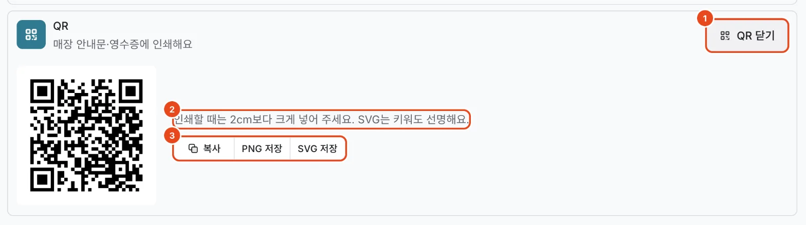 QR을 펼친 모습. QR 닫기(1), 인쇄 크기 안내(2), 복사·PNG 저장·SVG 저장(3)이 표시돼 있어요.