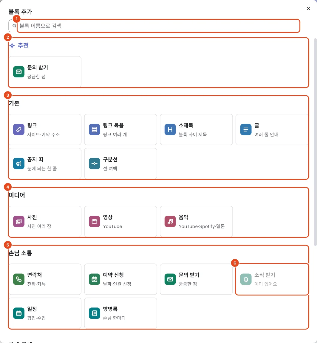 블록 추가 창. 블록 이름으로 검색(1), 추천(2), 기본(3), 미디어(4), 손님 소통(5), 이미 있어서 흐리게 보이는 소식 받기(6)가 표시돼 있어요.