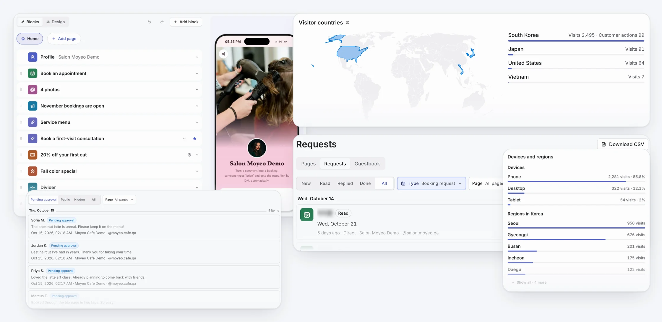 Real Moyeo screens: a hair salon bio page in the block editor with a phone preview, visitor countries on a world map, devices and regions over the last 90 days, booking requests, and guestbook entries waiting for approval.