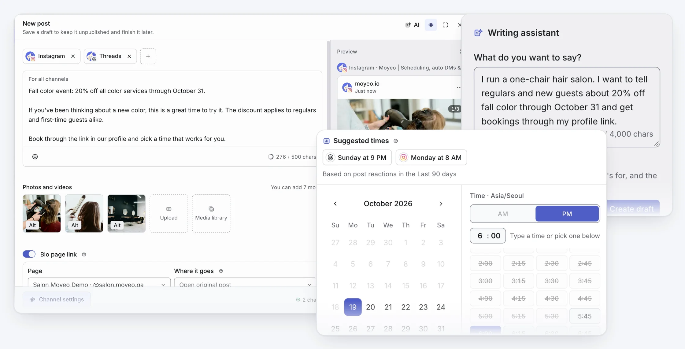 Real Moyeo screens: the composer drafting a fall color promotion with three salon photos for Instagram and Threads with channel previews, the AI writing assistant, and the scheduler with suggested posting times.
