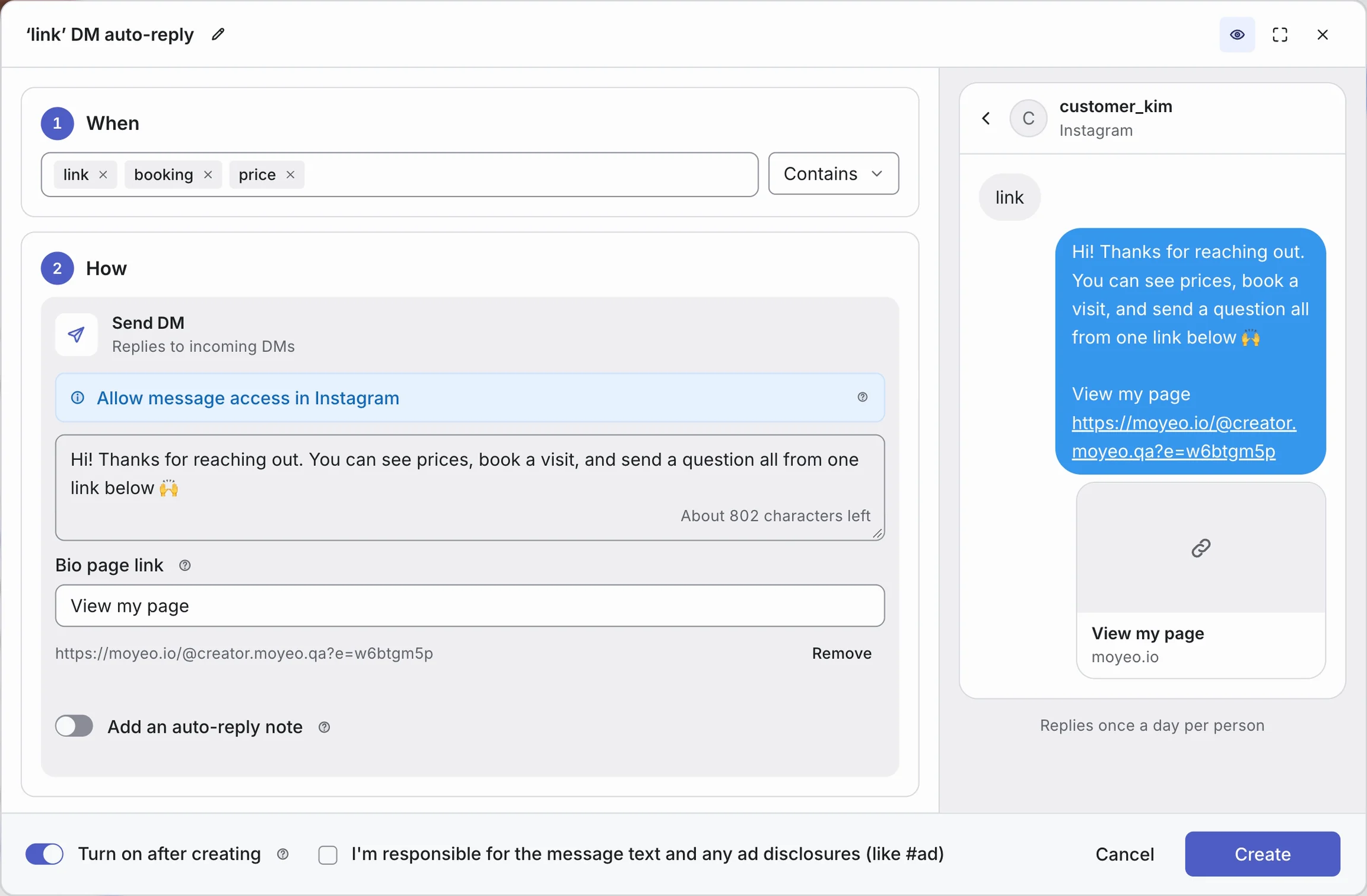Moyeo DM auto-reply for the keywords link, booking and price, previewing an Instagram reply that sends the bio page link for prices, bookings and questions.