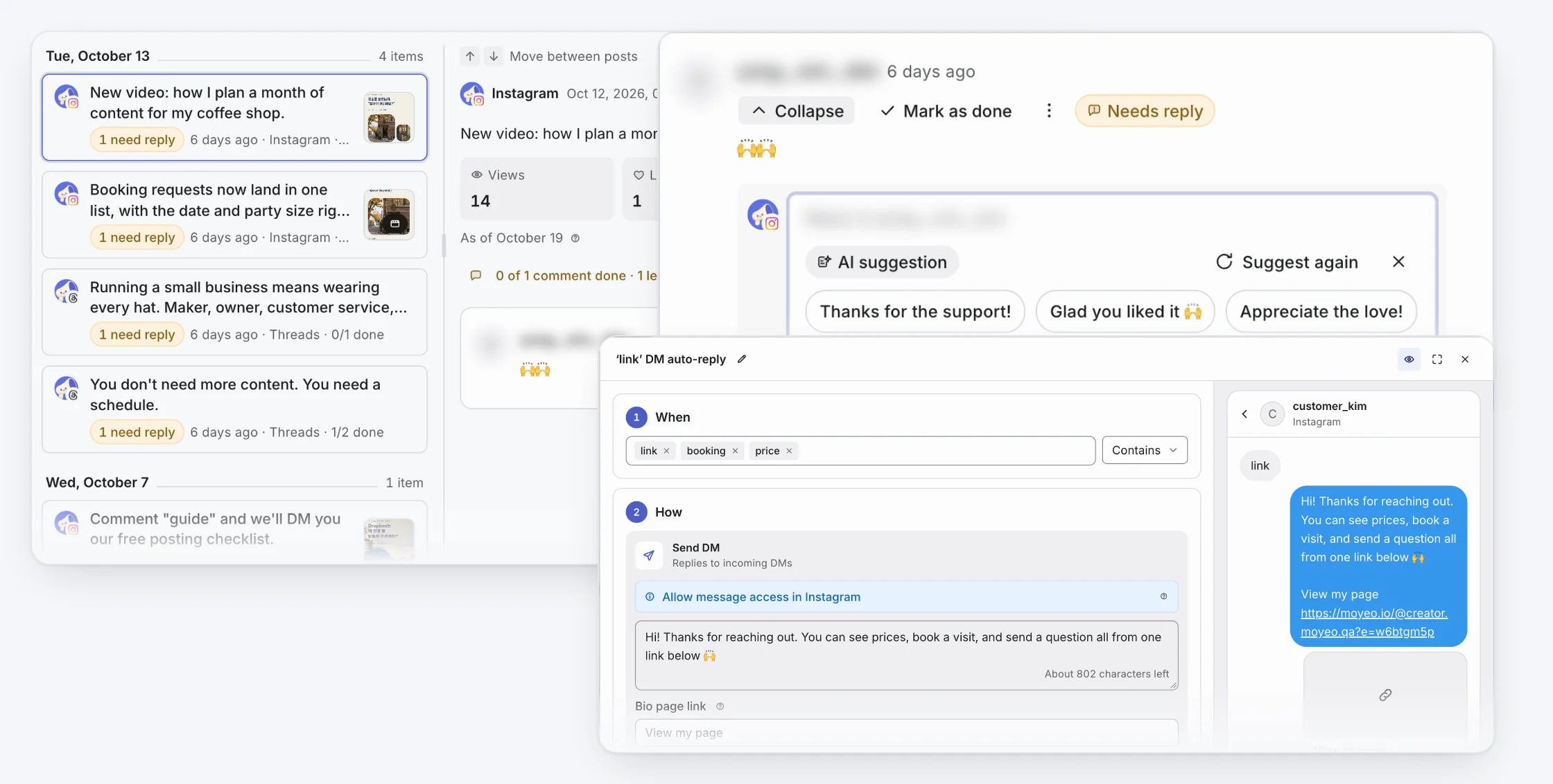 Real Moyeo screens: the comment inbox with posts that need a reply, English AI reply suggestions for an Instagram comment, and a DM auto-reply that sends a bio page link.