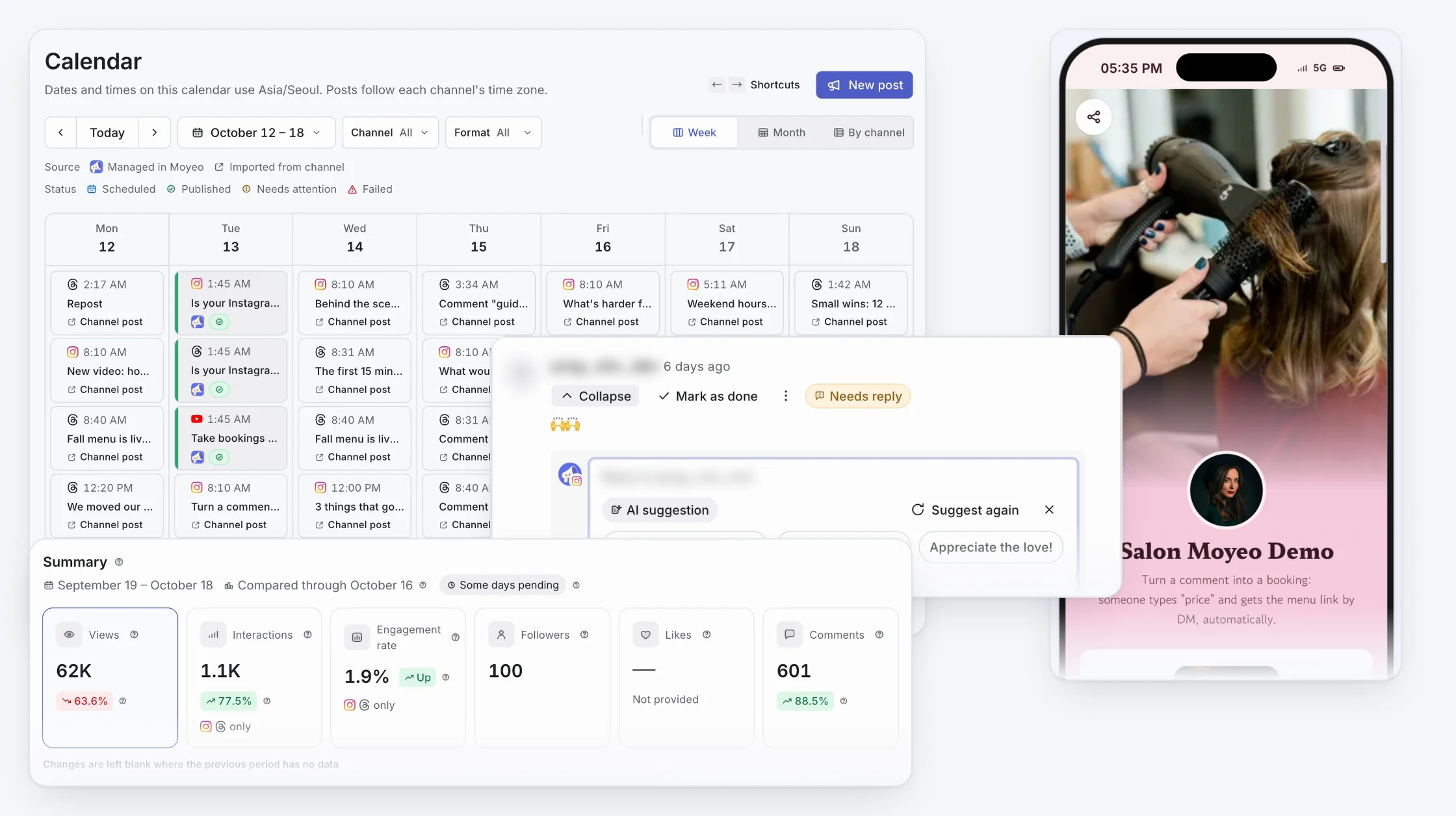 Real Moyeo screens: a weekly calendar of posts by channel, AI reply suggestions for a comment, a salon bio page on a phone, and an Analytics summary.